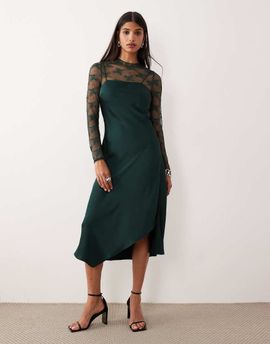 YAS YAS hybrid high neck lace top and satin slip dress in dark green