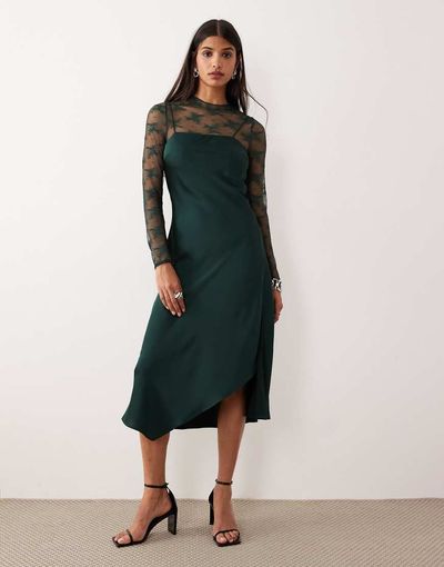 YAS YAS hybrid high neck lace top and satin slip dress in dark green