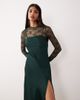 YAS YAS hybrid high neck lace top and satin slip dress in dark green - 2