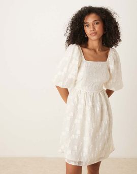 YAS YAS jacquard mini dress with puff sleeves in cream-White