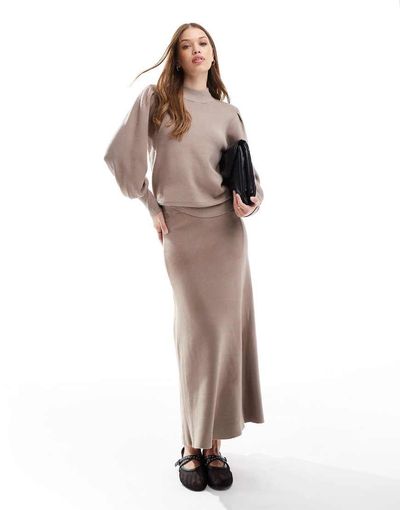 YAS YAS knitted maxi skirt in mushroom - part of a set-Neutral