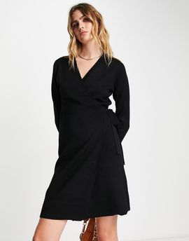 YAS Y.A.S knitted mini wrap dress in black