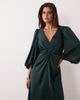 YAS YAS knot front volume sleeve satin midi dress in dark green - 1