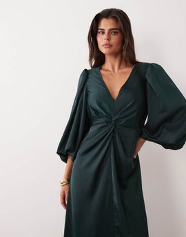 YAS YAS knot front volume sleeve satin midi dress in dark green