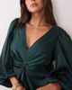 YAS YAS knot front volume sleeve satin midi dress in dark green - 3