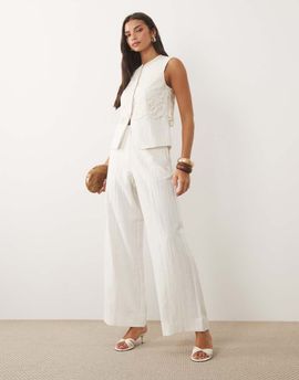 YAS YAS linen-touch wide leg tailored pants in pristine heather - part of a set-White