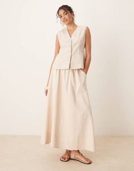 YAS YAS linen mix full midi skirt in birch cream-White