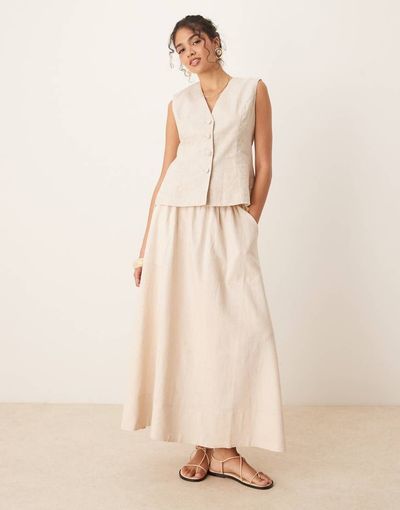 YAS YAS linen mix full midi skirt in birch cream-White