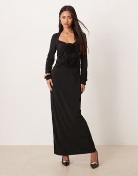 YAS YAS long ruched sleeves slinky maxi dress with rosette bodice in black