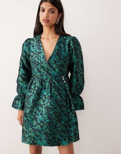 YAS YAS long sleeve jacquard mini dress in black