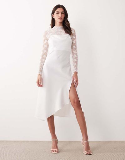 YAS YAS long sleeve lace underlay cami satin dress in gardenia white