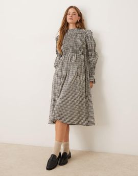 YAS YAS long sleeve shirred midi dress in beige check-Neutral