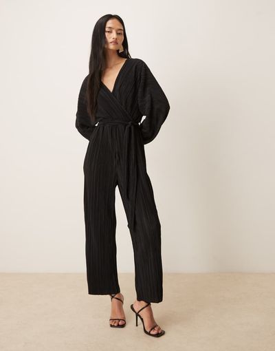YAS YAS long sleeve tie waist plisse jumpsuit in black