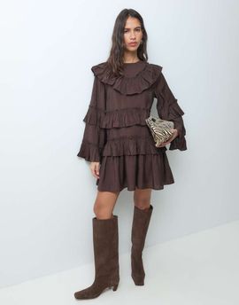YAS YAS long sleeve tiered ruffle boho mini dress in chocolate brown