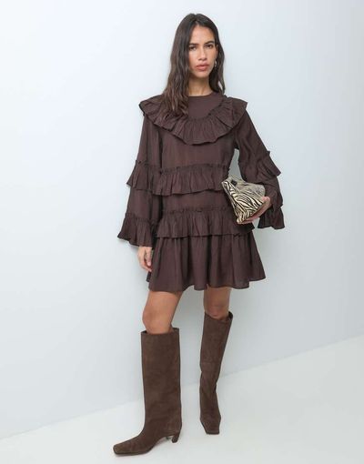 YAS YAS long sleeve tiered ruffle boho mini dress in chocolate brown