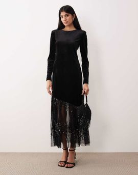 YAS YAS long sleeve velvet maxi dress with asymmetric sequined hem in black