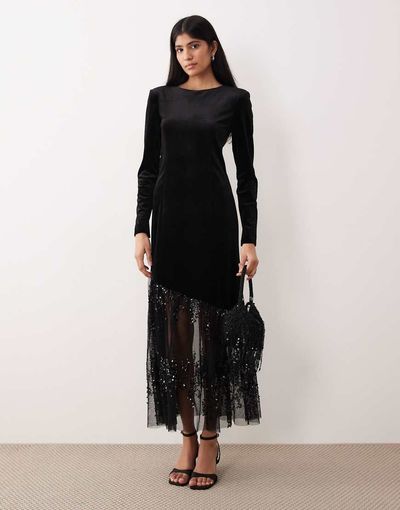 YAS YAS long sleeve velvet maxi dress with asymmetric sequined hem in black