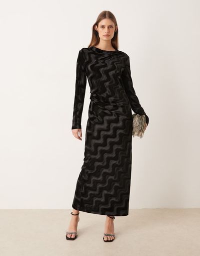 YAS YAS long sleeve velvet midi dress with ruching detail in black