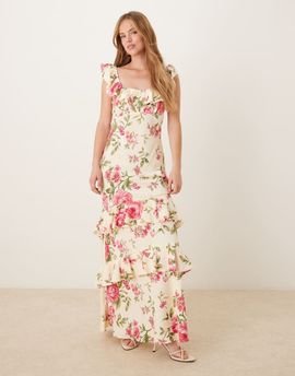 YAS YAS off-shoulder ruffle midi dress in pink and cream floral