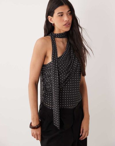 YAS YAS one-shoulder ruched scarf top in black and white polka dot