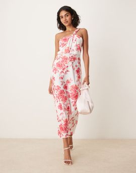 YAS YAS one shoulder red floral satin midaxi dress in white