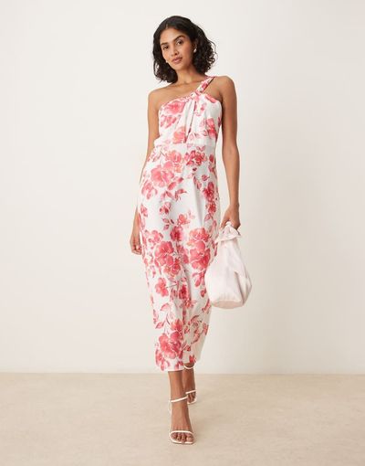 YAS YAS one shoulder red floral satin midaxi dress in white