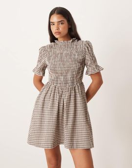 YAS YAS plaid mini dress in cream-White