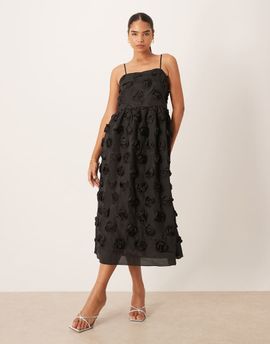 YAS YAS premium 3D floral applique midi dress in black