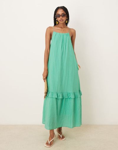 YAS YAS premium crinkle ruffle hem detail cami maxi dress in gumdrop green