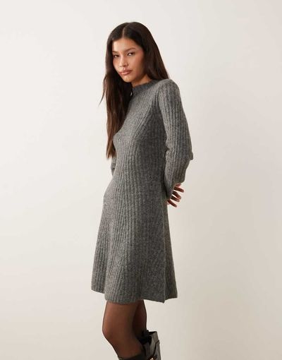 YAS YAS premium rib knit mini dress in heather gray
