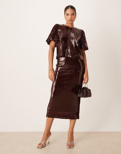 YAS YAS premium sequin midi skirt in burgundy - part of a set-Red