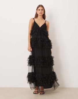 YAS YAS premium tulle maxi dress in black