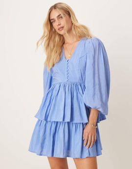 YAS YAS puff sleeve button front boho mini dress in provence blue