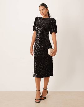 YAS YAS puff sleeve sequin midi dress in black