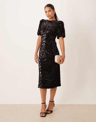 YAS YAS puff sleeve sequin midi dress in black