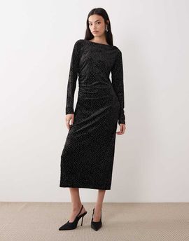 YAS YAS ruched detailing velvet midi dress in black