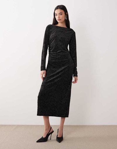 YAS YAS ruched detailing velvet midi dress in black