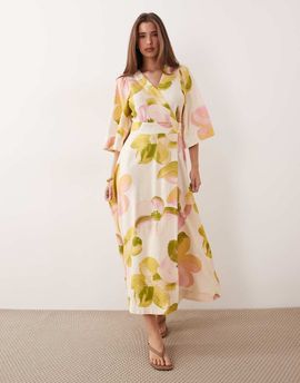 YAS YAS ruffle sleeve wrap maxi dress in pastel floral print-Multi