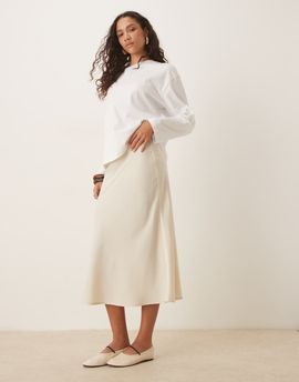 YAS YAS satin midi skirt in birch cream-White