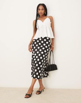 YAS YAS satin midi skirt in black and white polka dots-Multi