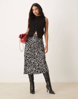 YAS YAS satin midi skirt in black and white splotch print