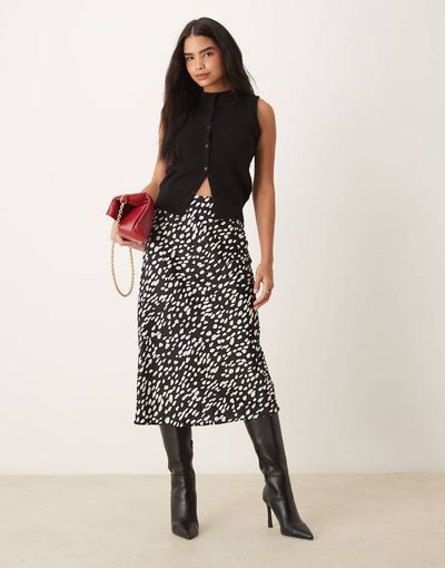 YAS YAS satin midi skirt in black and white splotch print