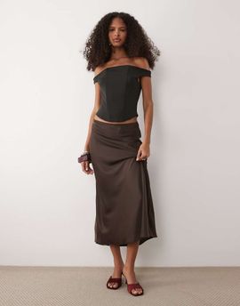 YAS YAS satin midi skirt in chocolate brown