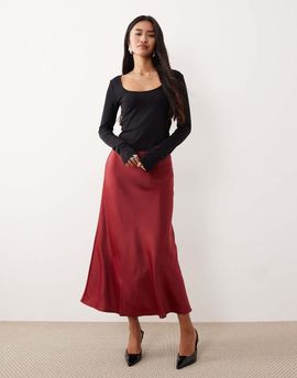 YAS YAS satin midi skirt in deep red