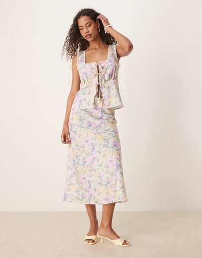 YAS YAS satin midi skirt in meadow floral print - part of a set-Multi