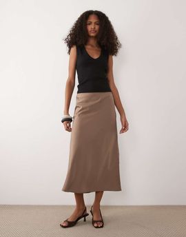 YAS YAS satin midi skirt in mushroom-Neutral