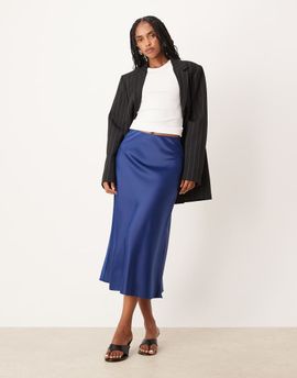 YAS YAS satin midi skirt in navy