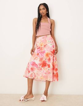 YAS YAS satin midi skirt in pink watercolor floral print-Multi