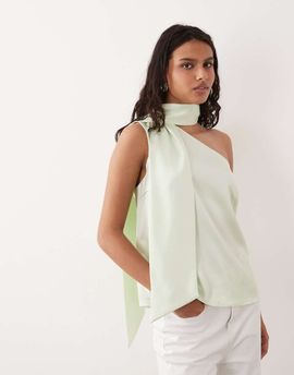 YAS YAS satin one shoulder top with scarf detail in green