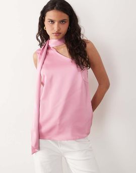 YAS YAS satin one shoulder top with scarf detail in pink